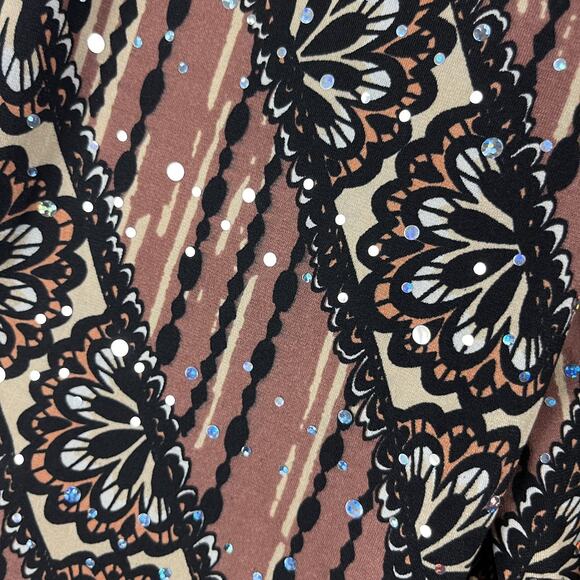Bob Mackie Jersey Top Womens XL Brown Printed Sequins Button Front Stretch Artsy - Picture 6 of 16